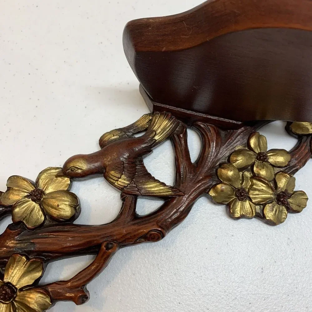 Vintage Bird Dogwood Wood Two Shelf Plate Rack Wall Display Asian Carved MCM